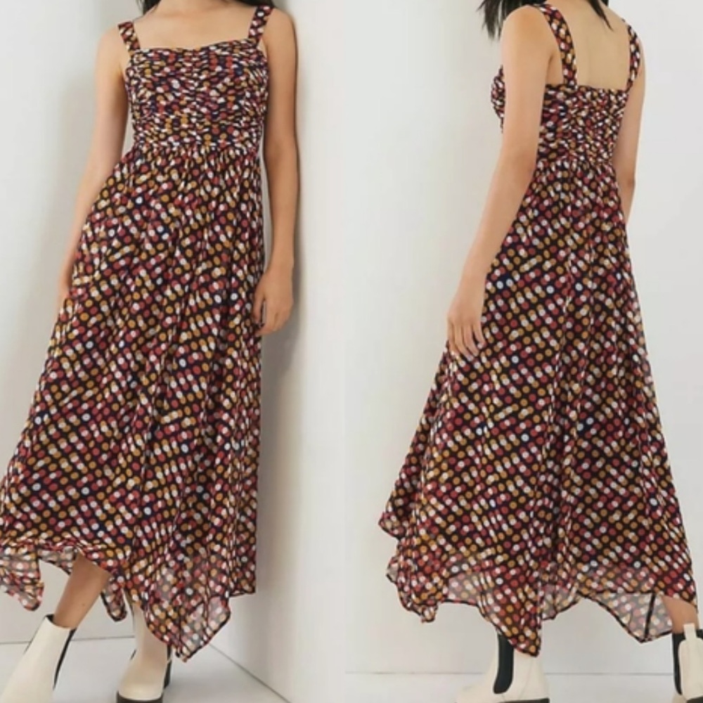 Maeve Anthropologie Polka Dot Handkerchief Hem Midi Dress Navy‎ Size 8 (715) - Picture 2 of 10